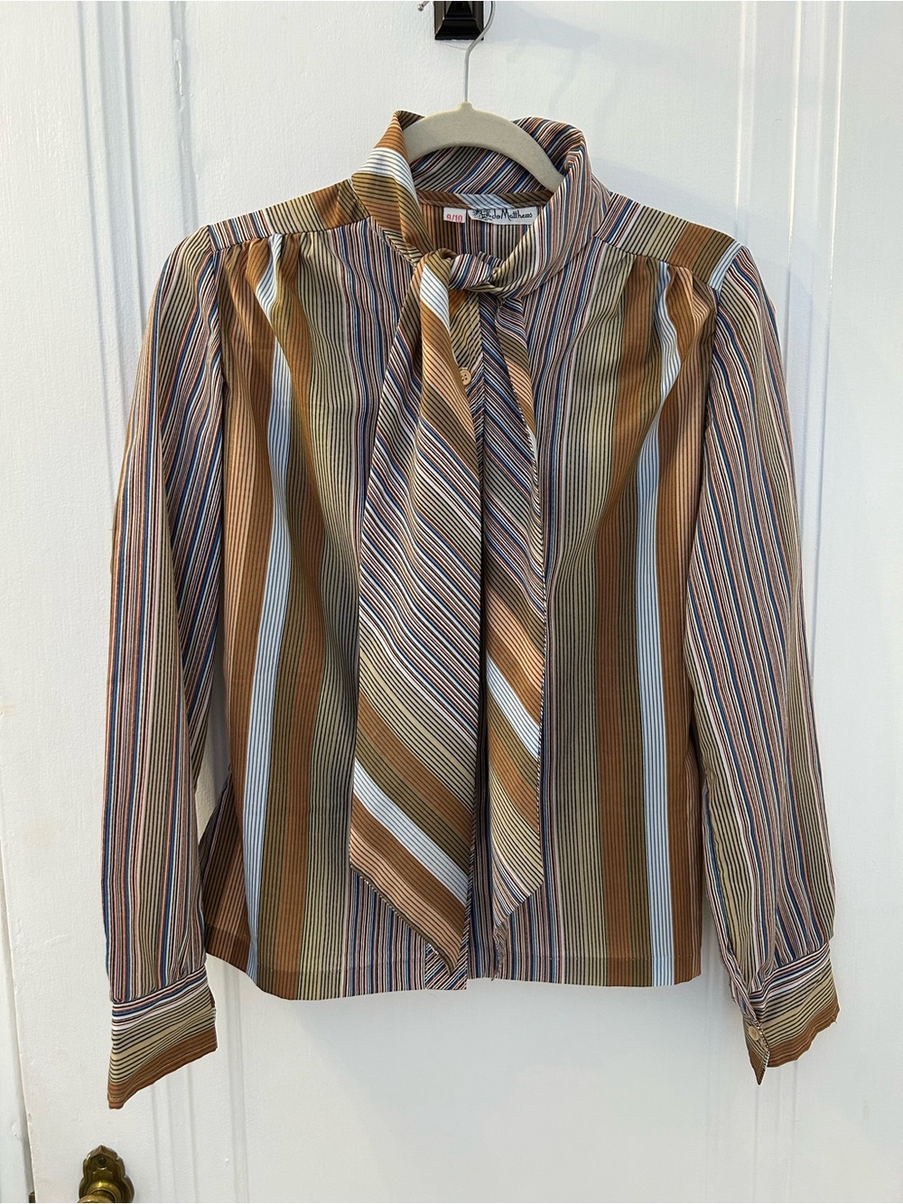 Vintage Striped Tie-Neck Blouse in Brown & Blue